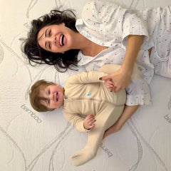 Mother holding baby on ABLYEA Memory Foam Bamboo Fiber Mattress for soft, supportive comfort