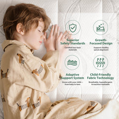 Certified non-toxic materials, adaptive spinal support, and breathable, hypoallergenic, washable fabric for growing kids.