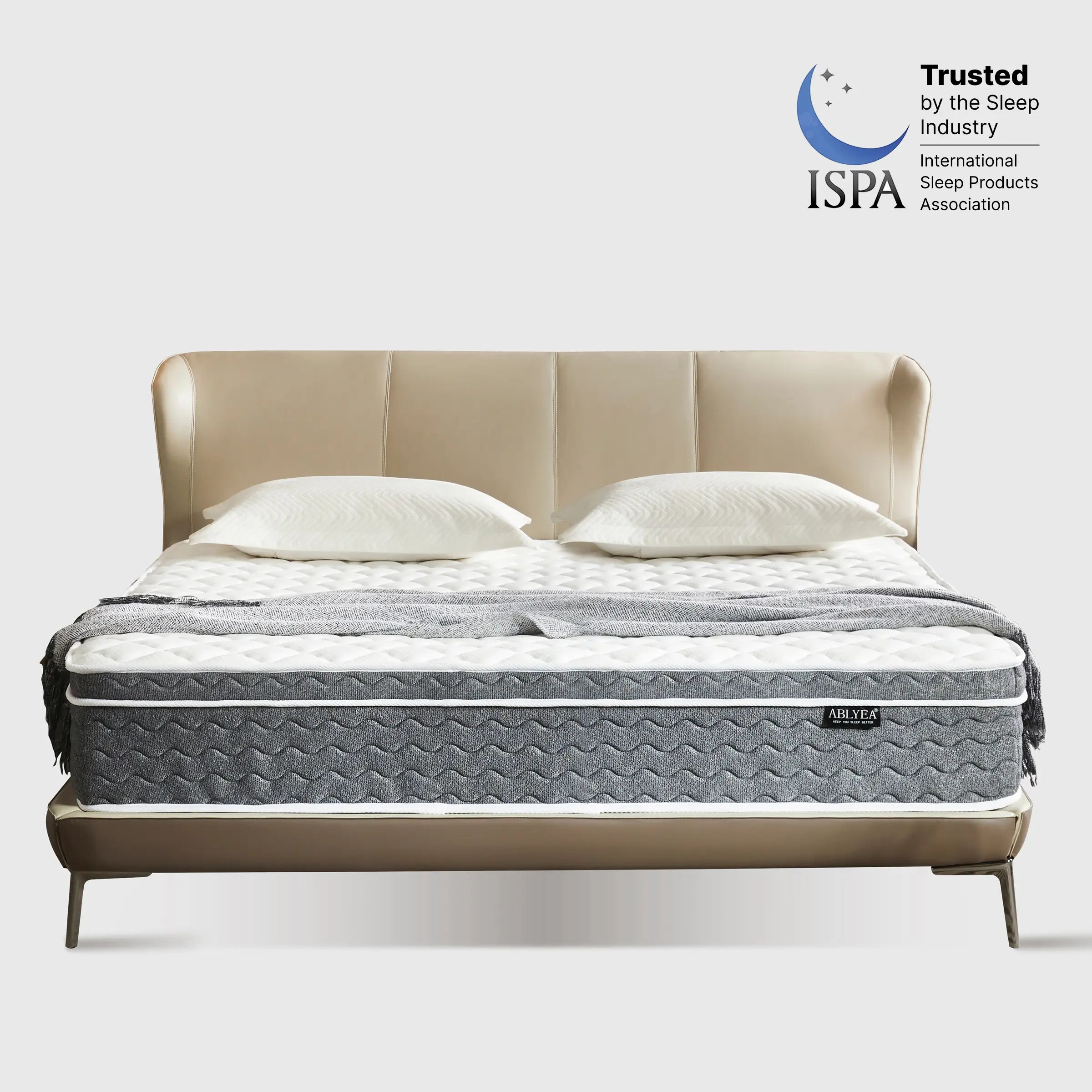 ABLYEA Gray Luxe Hybrid Mattress product image with Trusted by ISPA badge