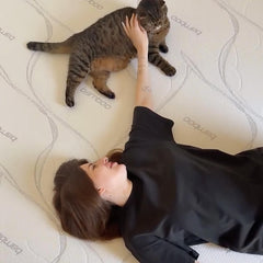 Woman and cat relaxing on ABLYEA Memory Foam Bamboo Fiber Mattress for cozy, pressure-relieving comfort